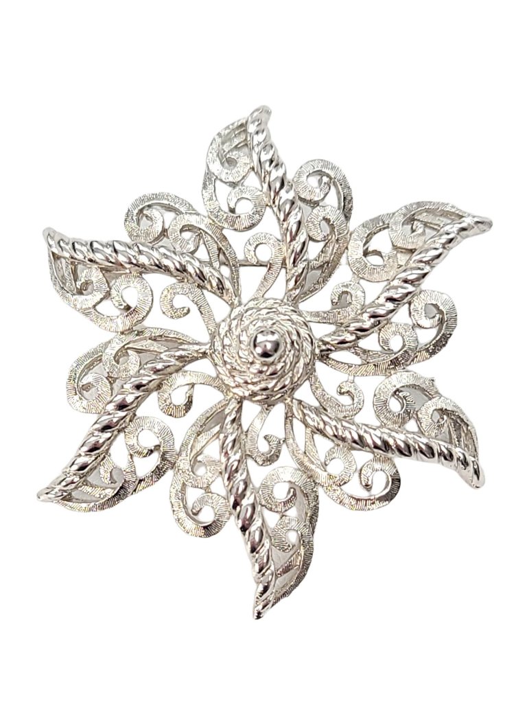 Vendome Silvertone Rope Edge Filigree Open Flower, Starburst Brooch Signed
